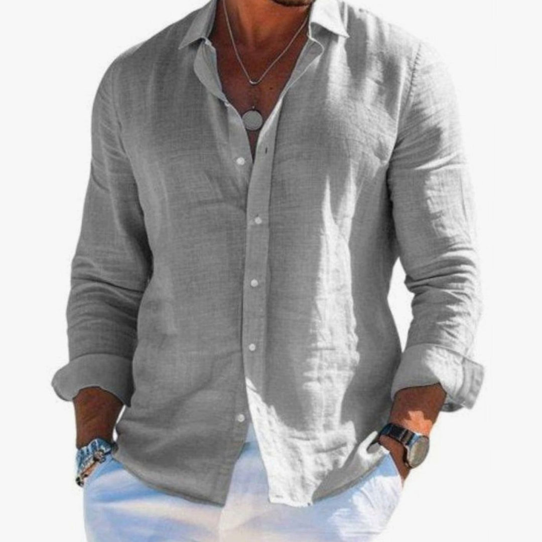 Men's Relaxed-Fit Long-Sleeve Linen Button-Up Shirt, Grey - Grey