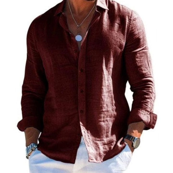 Men's Relaxed-Fit Long-Sleeve Linen Button-Up Shirt, Grey - Brown