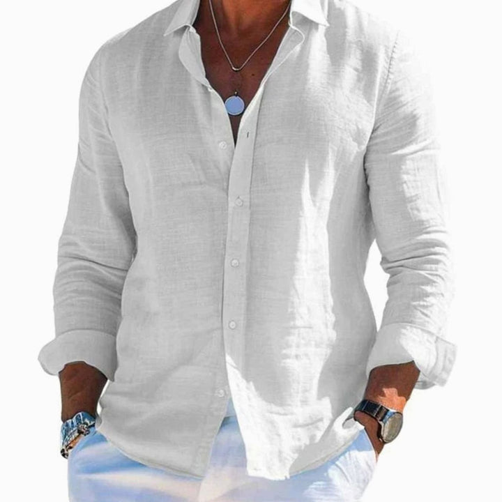Men's Relaxed-Fit Long-Sleeve Linen Button-Up Shirt, Grey - White