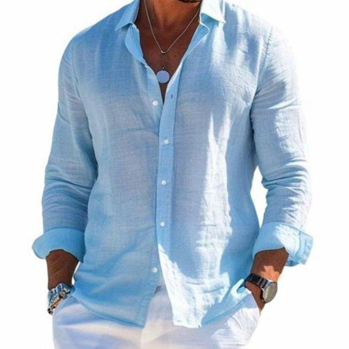 Men's Relaxed-Fit Long-Sleeve Linen Button-Up Shirt, Grey - Blue