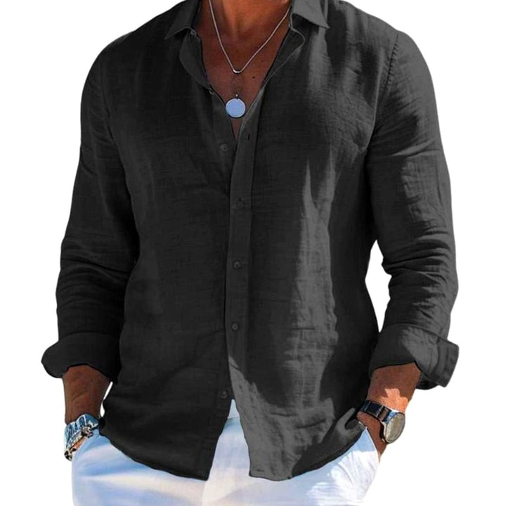 Men's Relaxed-Fit Long-Sleeve Linen Button-Up Shirt, Grey - Black