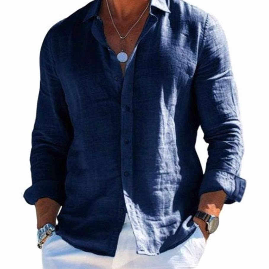 Men's Relaxed-Fit Long-Sleeve Linen Button-Up Shirt, Grey - Navy Blue