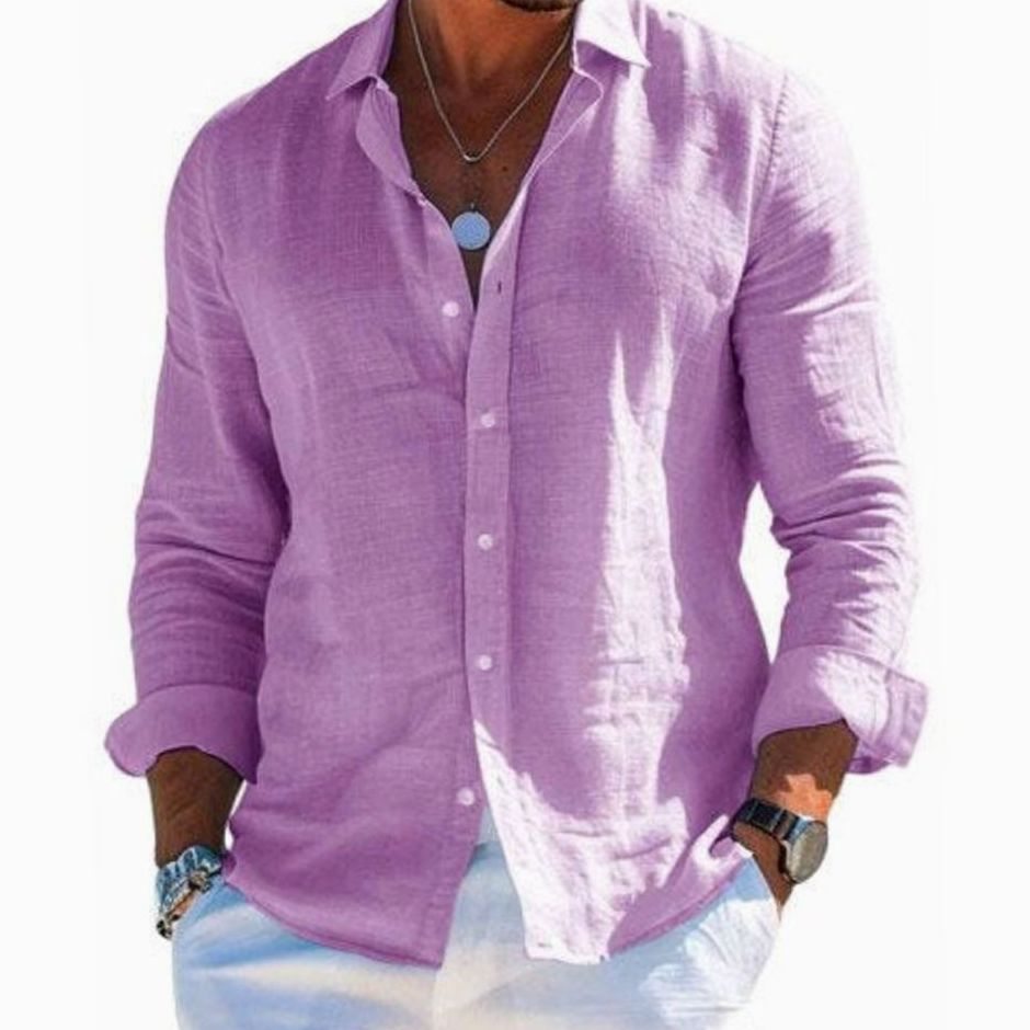 Men's Relaxed-Fit Long-Sleeve Linen Button-Up Shirt, Grey - Purple