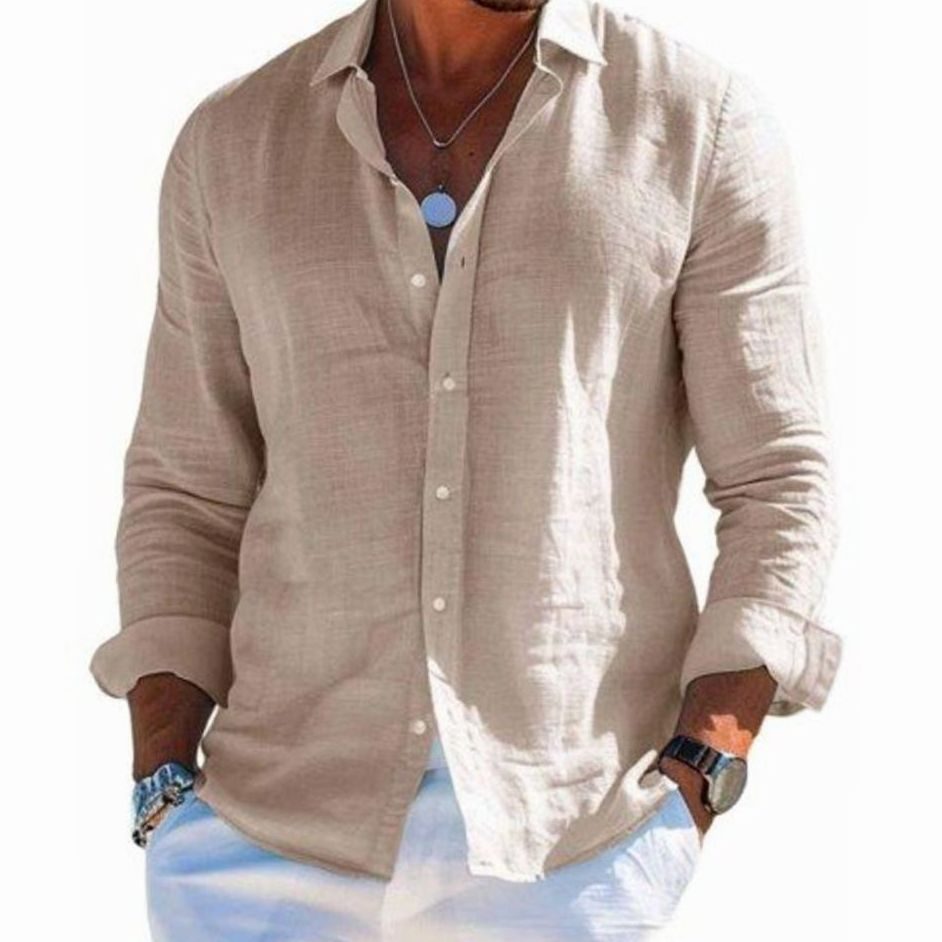 Men's Relaxed-Fit Long-Sleeve Linen Button-Up Shirt, Grey - Khaki