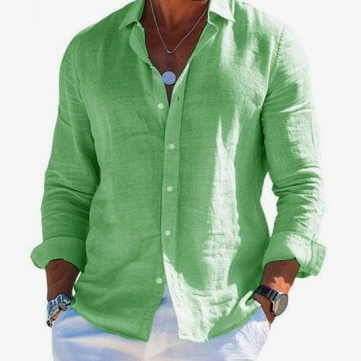 Men's Relaxed-Fit Long-Sleeve Linen Button-Up Shirt, Grey - Light Green