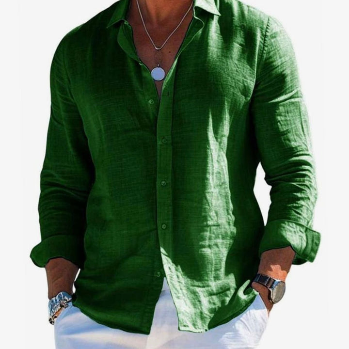 Men's Relaxed-Fit Long-Sleeve Linen Button-Up Shirt, Grey - Green