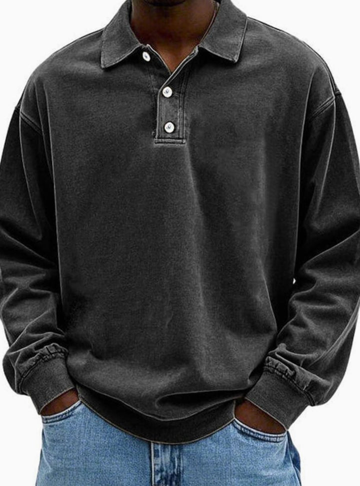 Men's Relaxed-Fit Long-Sleeve Polo Sweatshirt, Blue - Black