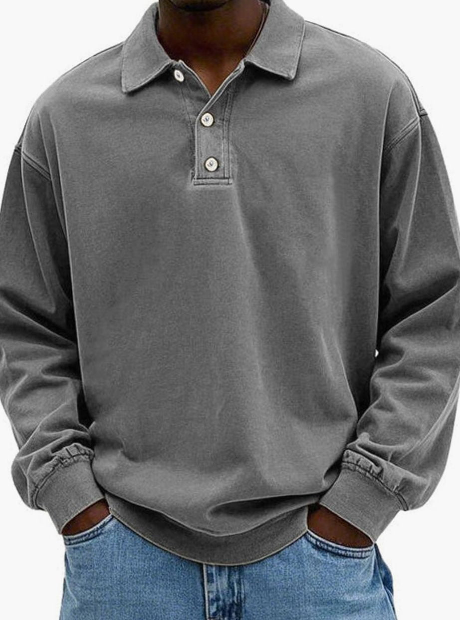 Men's Relaxed-Fit Long-Sleeve Polo Sweatshirt, Blue - Grey