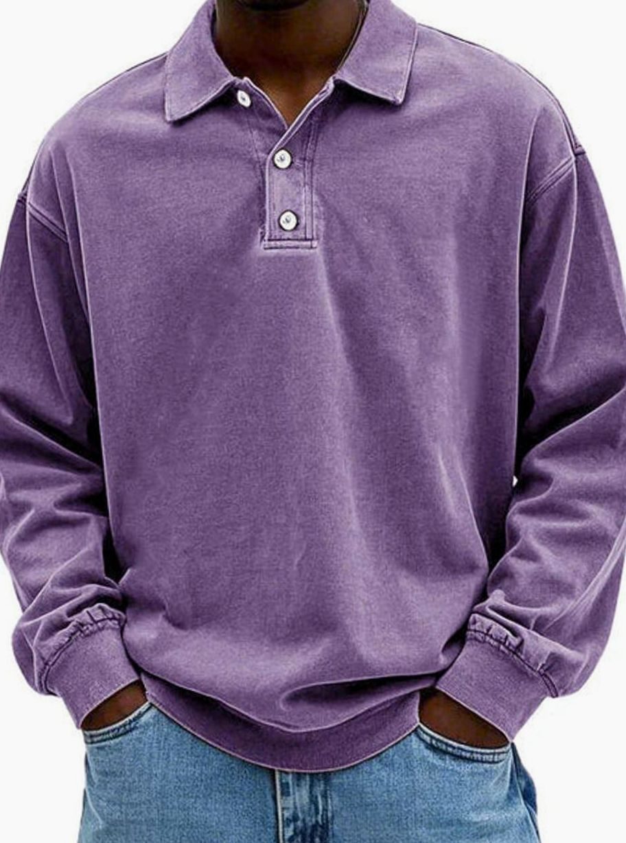 Men's Relaxed-Fit Long-Sleeve Polo Sweatshirt, Blue - Purple