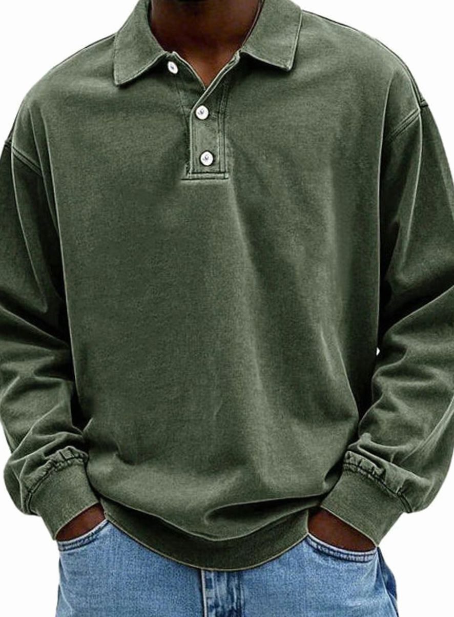 Men's Relaxed-Fit Long-Sleeve Polo Sweatshirt, Blue - Army Green