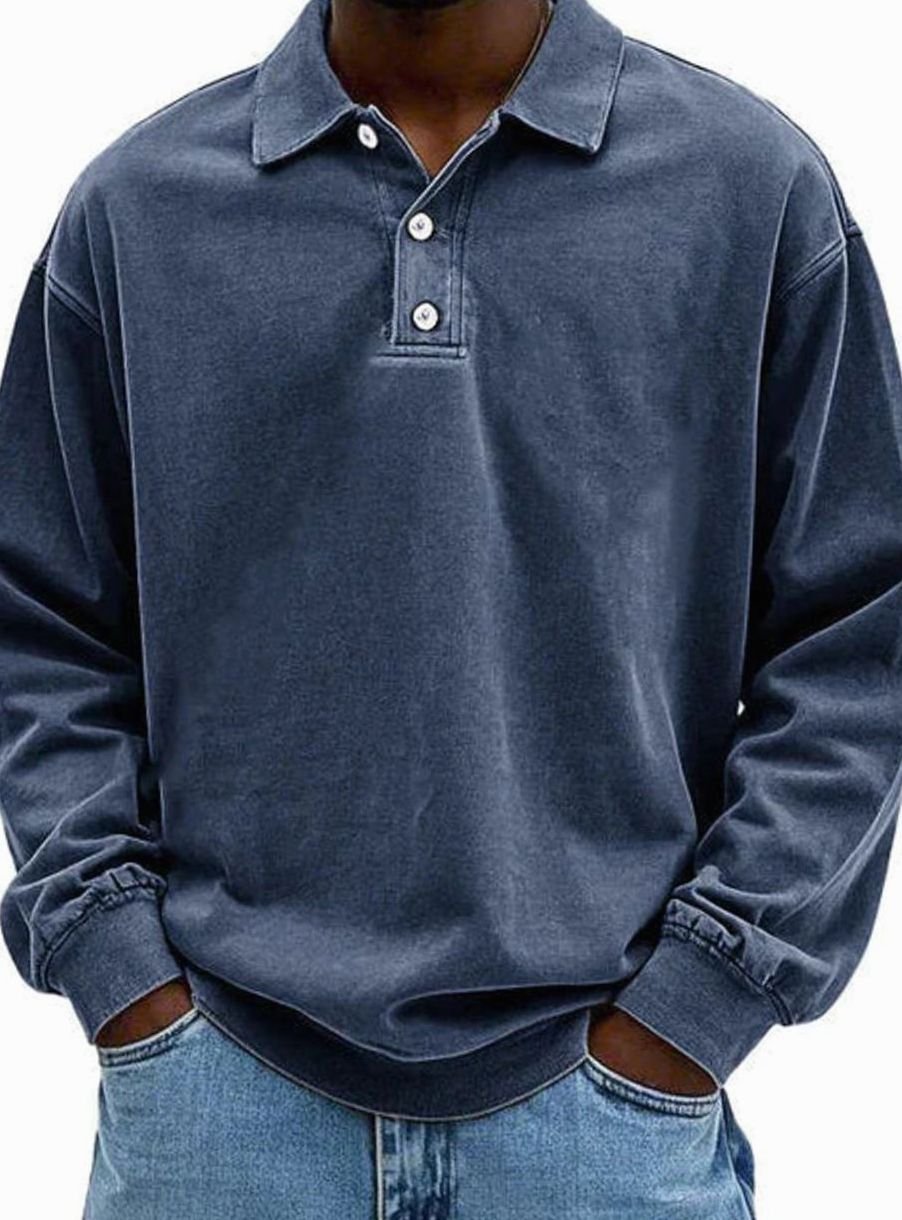 Men's Relaxed-Fit Long-Sleeve Polo Sweatshirt, Blue - Navy Blue