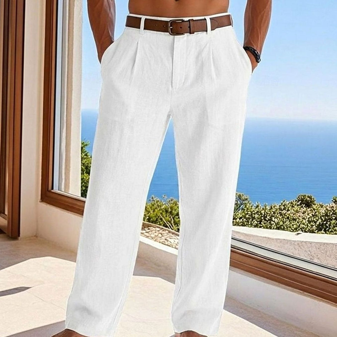 Men's Relaxed-Fit Pleated Linen Casual Trousers - White