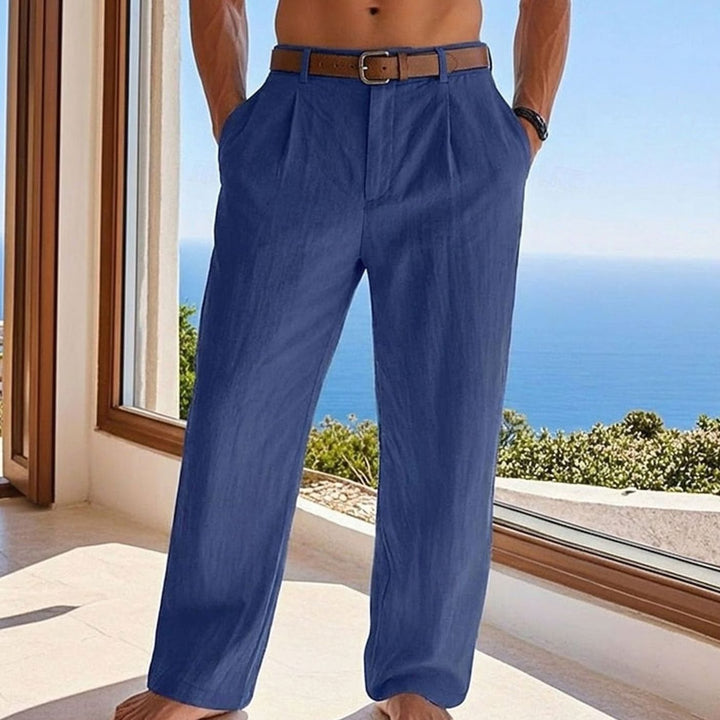 Men's Relaxed-Fit Pleated Linen Casual Trousers - Navy Blue