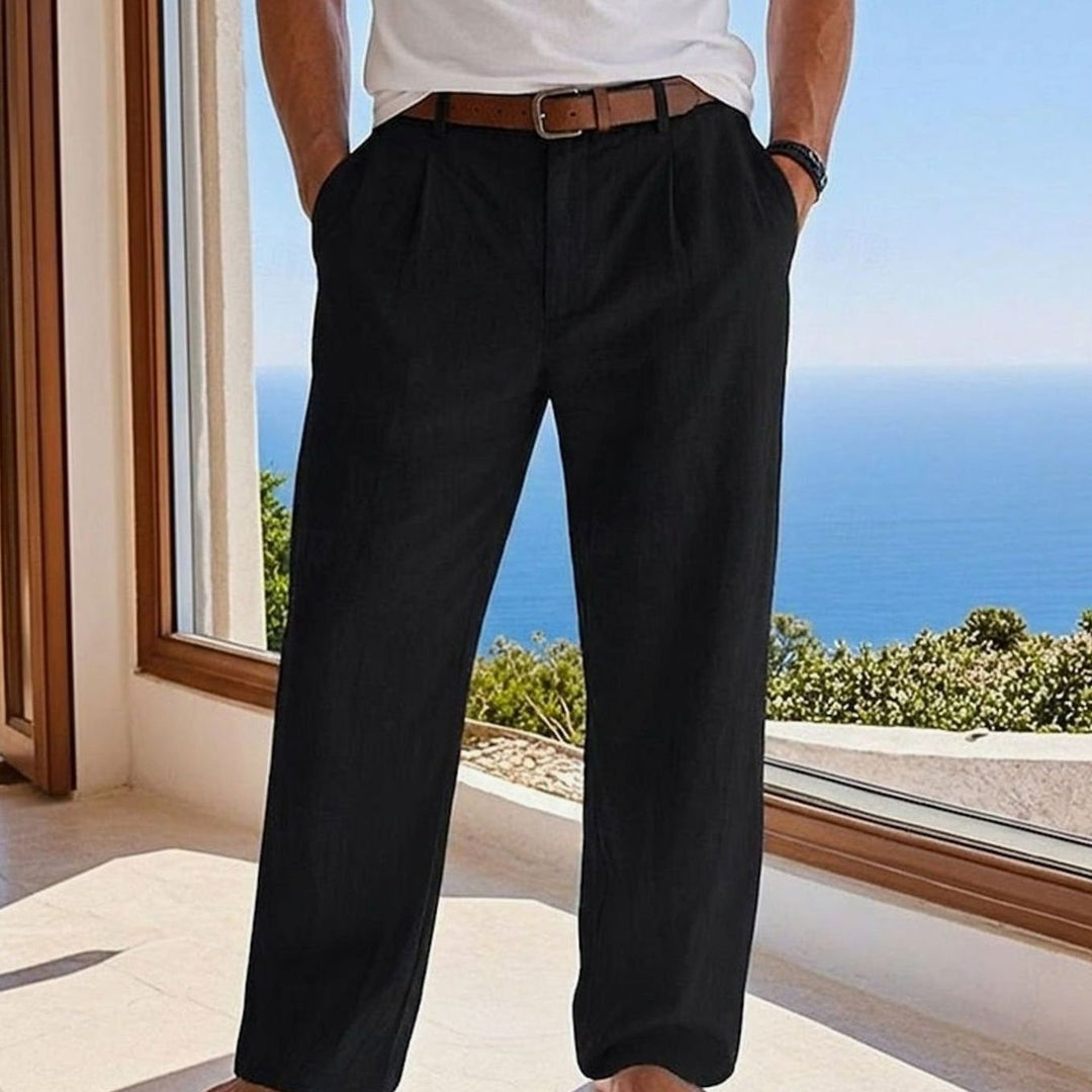 Men's Relaxed-Fit Pleated Linen Casual Trousers - Black