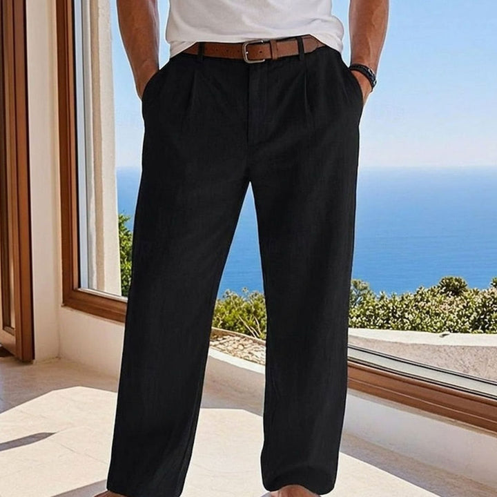 Men's Relaxed-Fit Pleated Linen Casual Trousers - Black