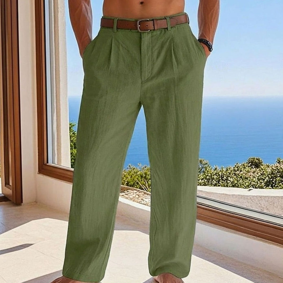 Men's Relaxed-Fit Pleated Linen Casual Trousers - Green
