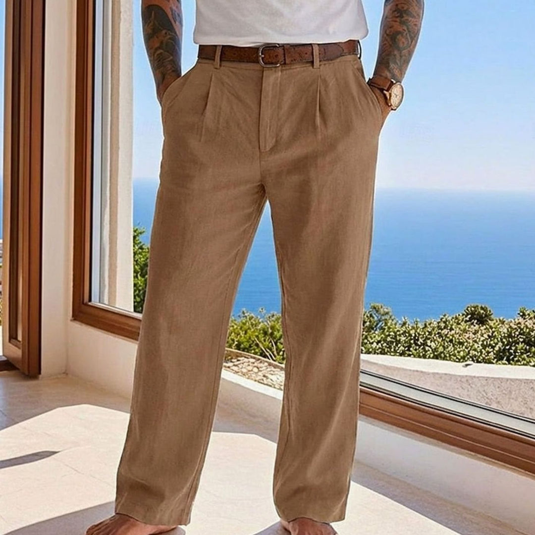 Men's Relaxed-Fit Pleated Linen Casual Trousers - Brown