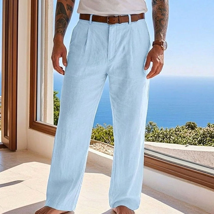 Men's Relaxed-Fit Pleated Linen Casual Trousers - Blue