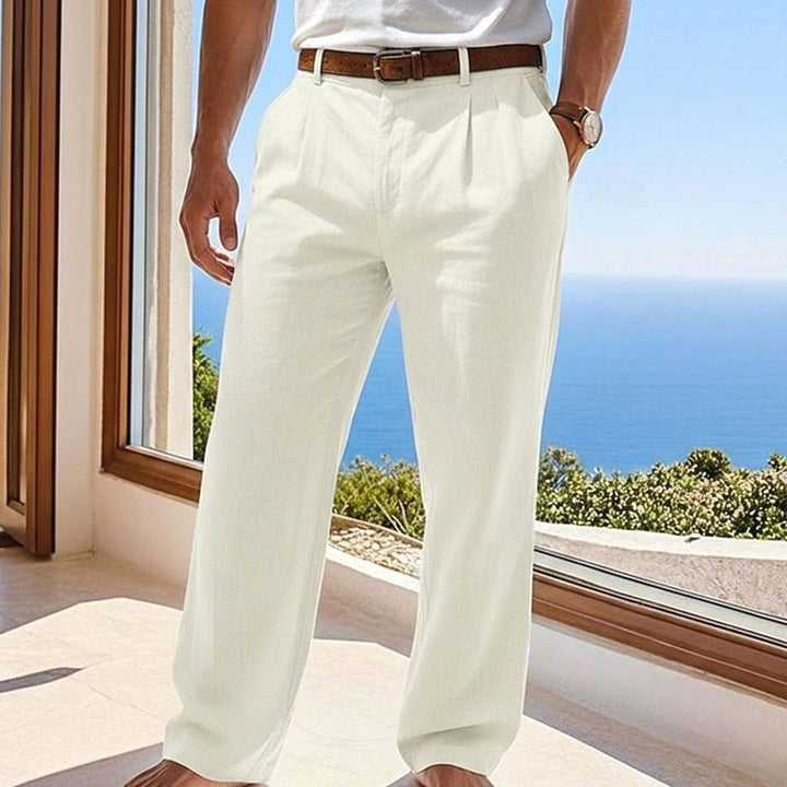 Men's Relaxed-Fit Pleated Linen Casual Trousers - Beige