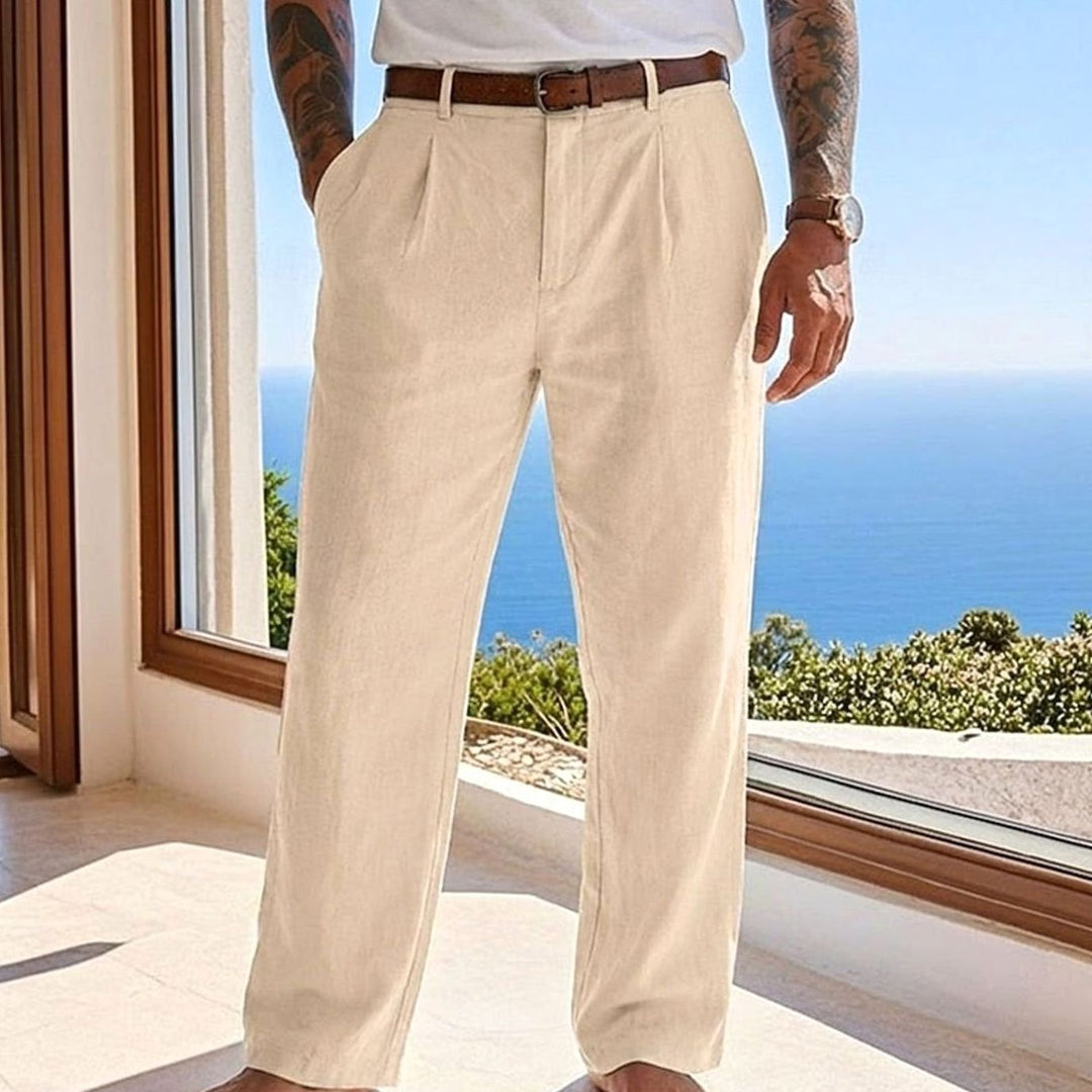 Men's Relaxed-Fit Pleated Linen Casual Trousers - Khaki