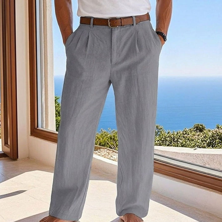 Men's Relaxed-Fit Pleated Linen Casual Trousers - Grey