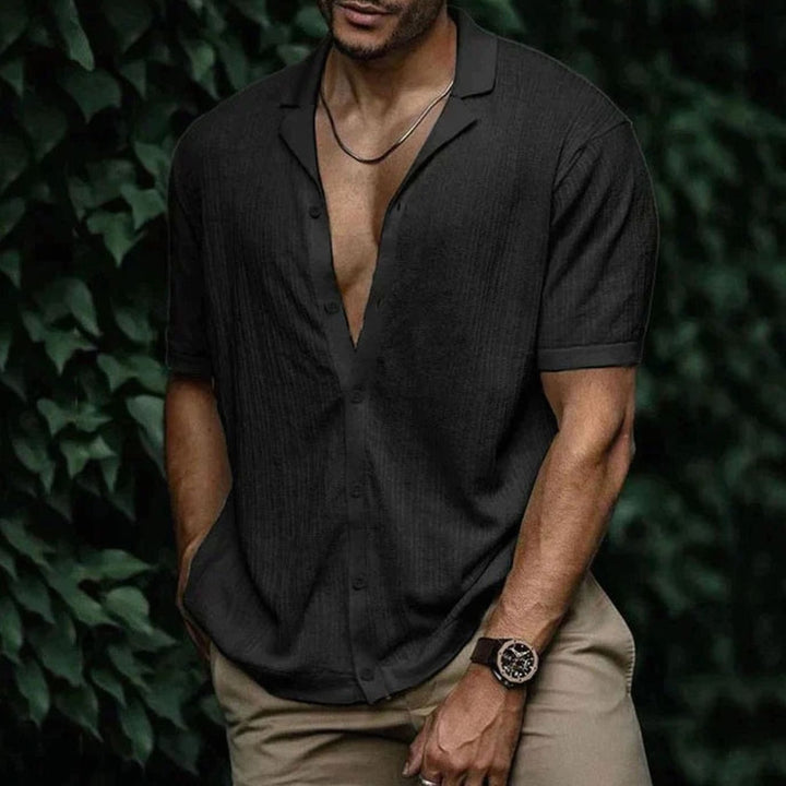 Men's Relaxed-Fit Short-Sleeve Button-Up Knit Shirt - Black