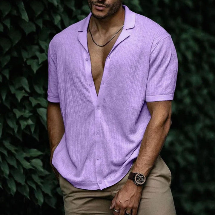 Men's Relaxed-Fit Short-Sleeve Button-Up Knit Shirt - Purple