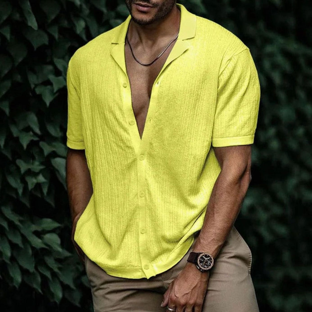 Men's Relaxed-Fit Short-Sleeve Button-Up Knit Shirt - Yellow