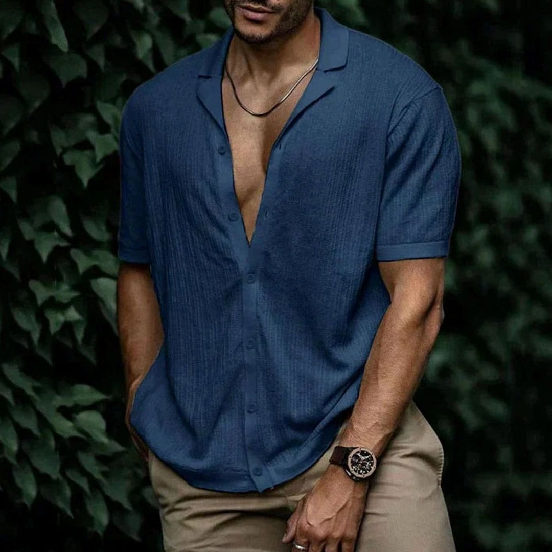 Men's Relaxed-Fit Short-Sleeve Button-Up Knit Shirt - Navy Blue