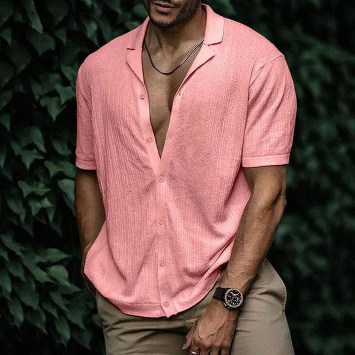Men's Relaxed-Fit Short-Sleeve Button-Up Knit Shirt - Pink