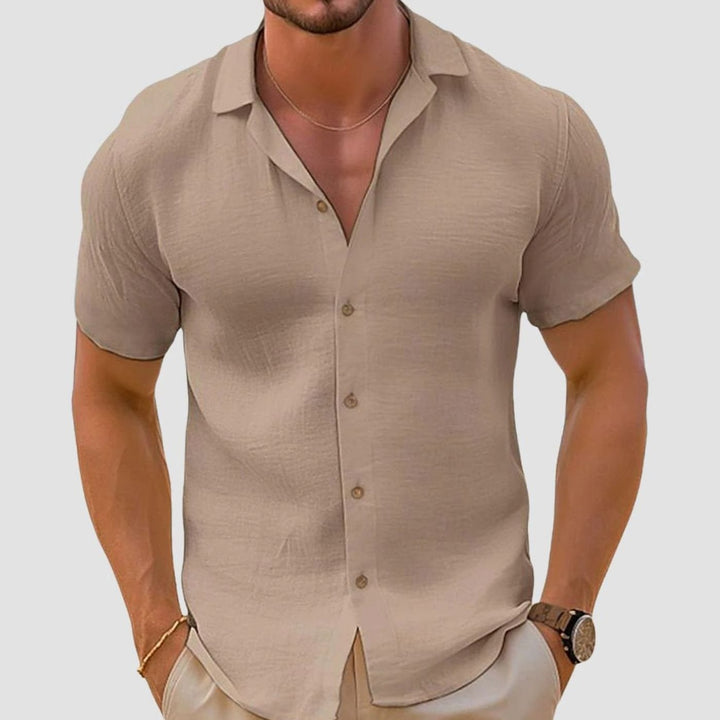 Men's Relaxed-Fit Short-Sleeve Button-Up Linen Shirt, Khaki - Khaki