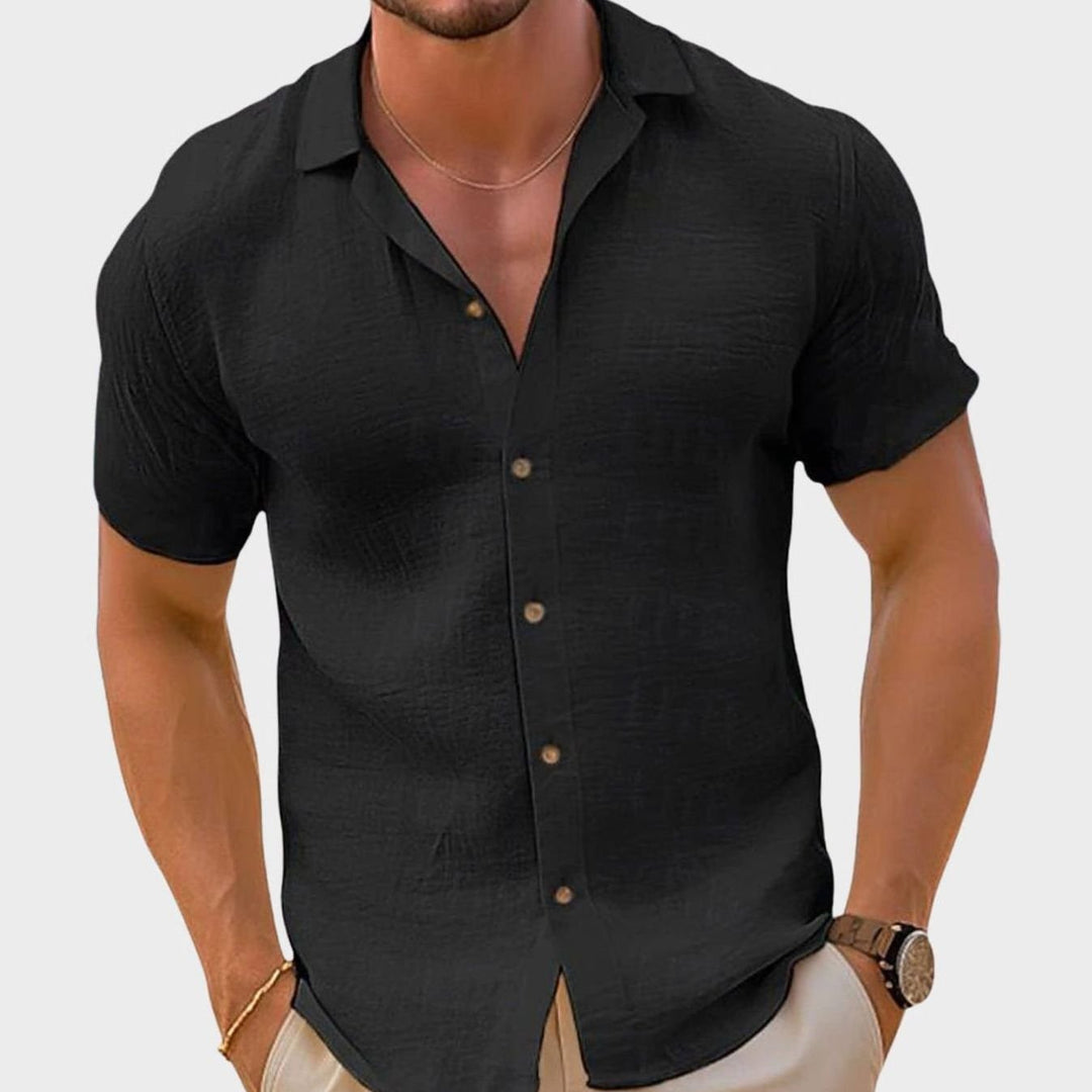 Men's Relaxed-Fit Short-Sleeve Button-Up Linen Shirt, Khaki - Black