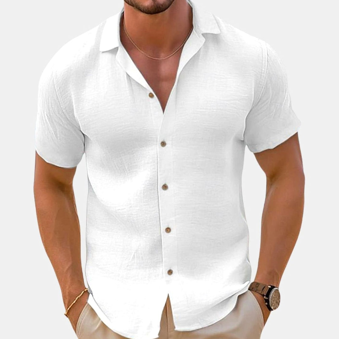 Men's Relaxed-Fit Short-Sleeve Button-Up Linen Shirt, Khaki - White
