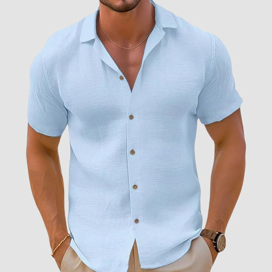 Men's Relaxed-Fit Short-Sleeve Button-Up Linen Shirt, Khaki - Blue