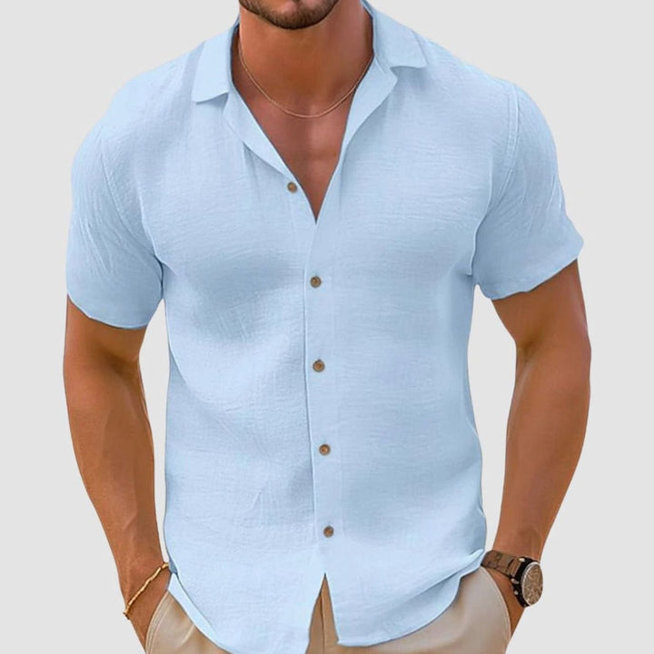 Men's Relaxed-Fit Short-Sleeve Button-Up Linen Shirt, Khaki - Blue