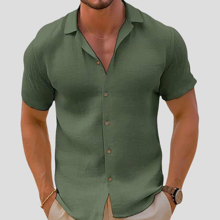 Men's Relaxed-Fit Short-Sleeve Button-Up Linen Shirt, Khaki - Green