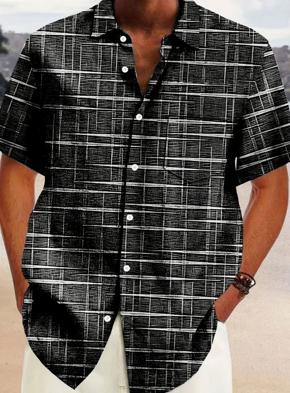 Men's Relaxed-Fit Short-Sleeve Checked Button-Down Shirt - Black