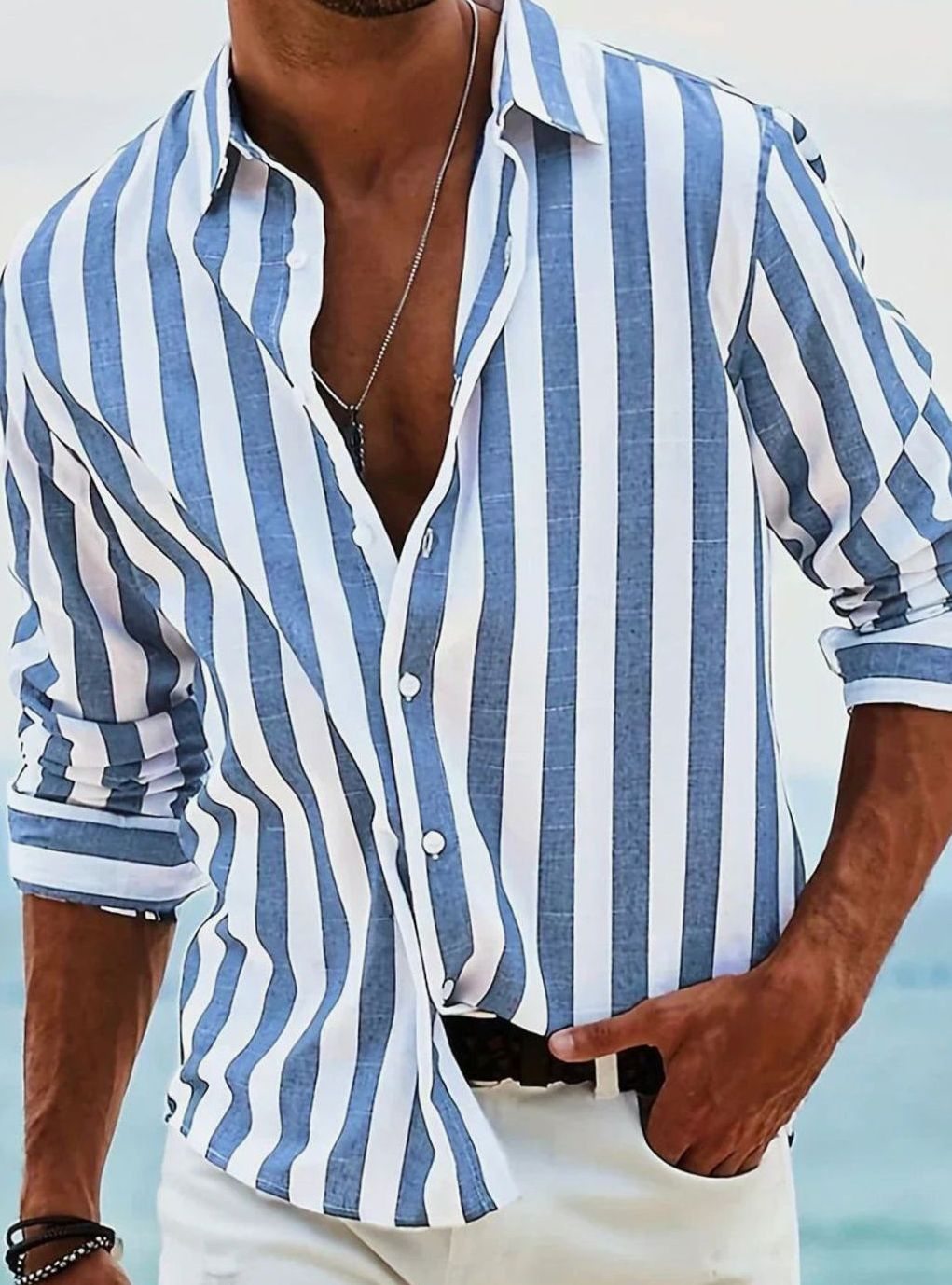 Men's Relaxed-Fit Striped Long-Sleeve Button-Up Shirt - Blue