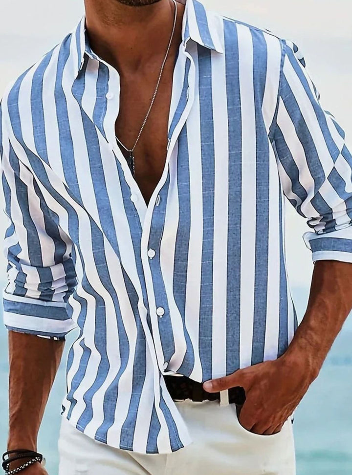 Men's Relaxed-Fit Striped Long-Sleeve Button-Up Shirt - Blue