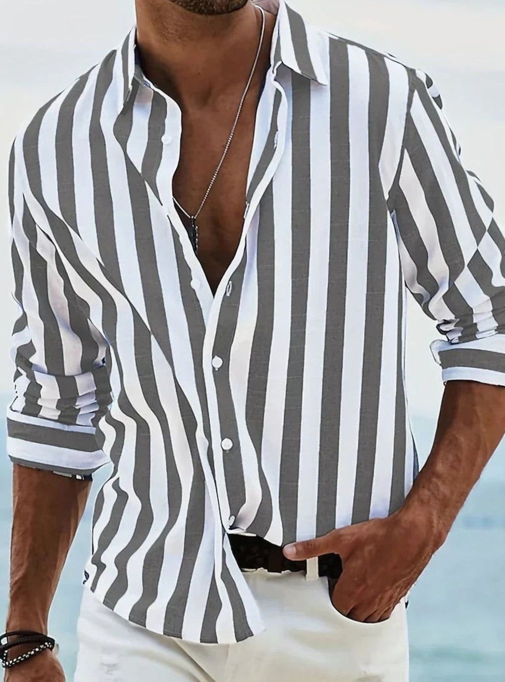 Men's Relaxed-Fit Striped Long-Sleeve Button-Up Shirt - Dark Grey