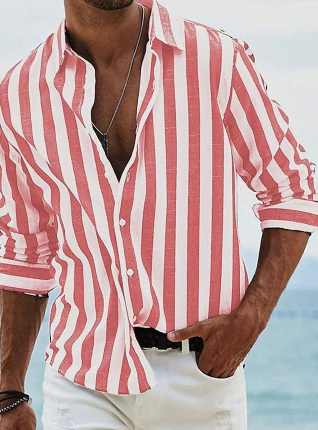 Men's Relaxed-Fit Striped Long-Sleeve Button-Up Shirt - Red
