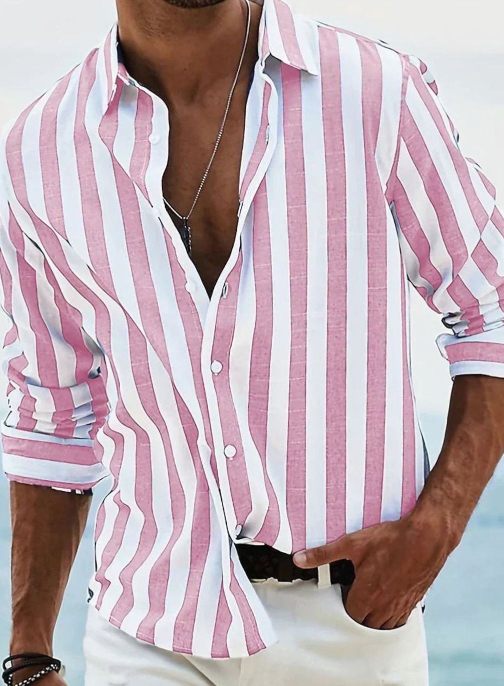 Men's Relaxed-Fit Striped Long-Sleeve Button-Up Shirt - Pink