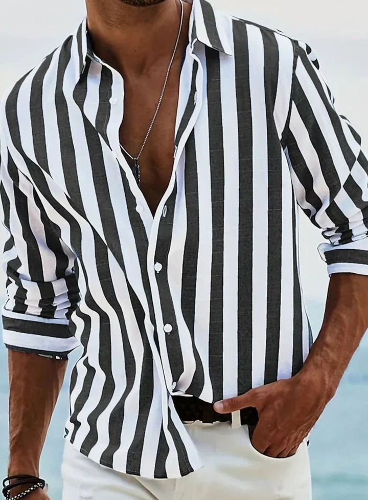 Men's Relaxed-Fit Striped Long-Sleeve Button-Up Shirt - Black