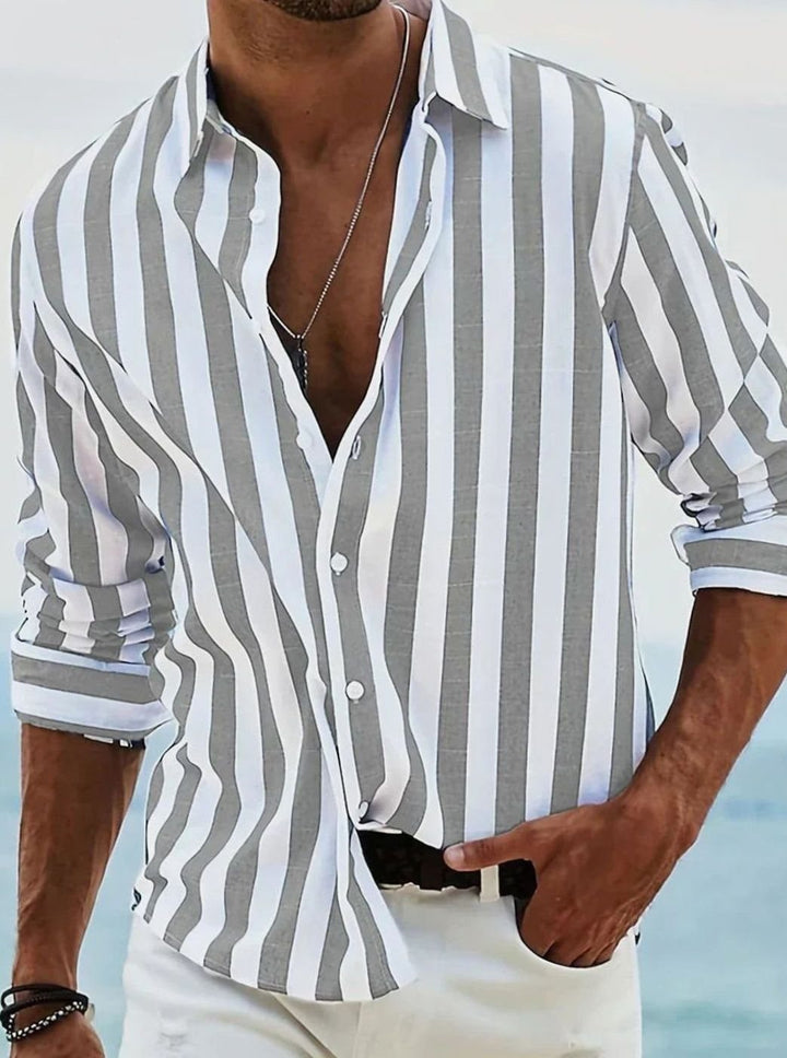 Men's Relaxed-Fit Striped Long-Sleeve Button-Up Shirt - Light Grey