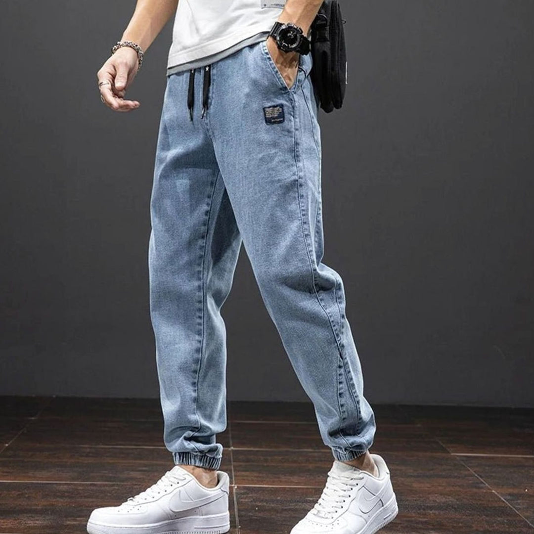 Men's Relaxed Tapered Stretch Denim Jogger Trousers Elasticated Waist, Light Blue - Blue