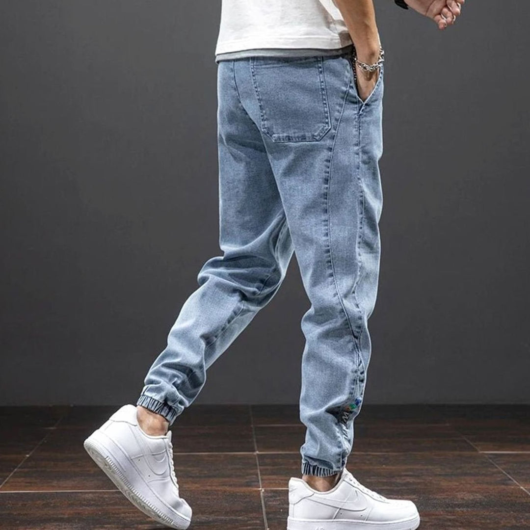 Men's Relaxed Tapered Stretch Denim Jogger Trousers Elasticated Waist, Light Blue