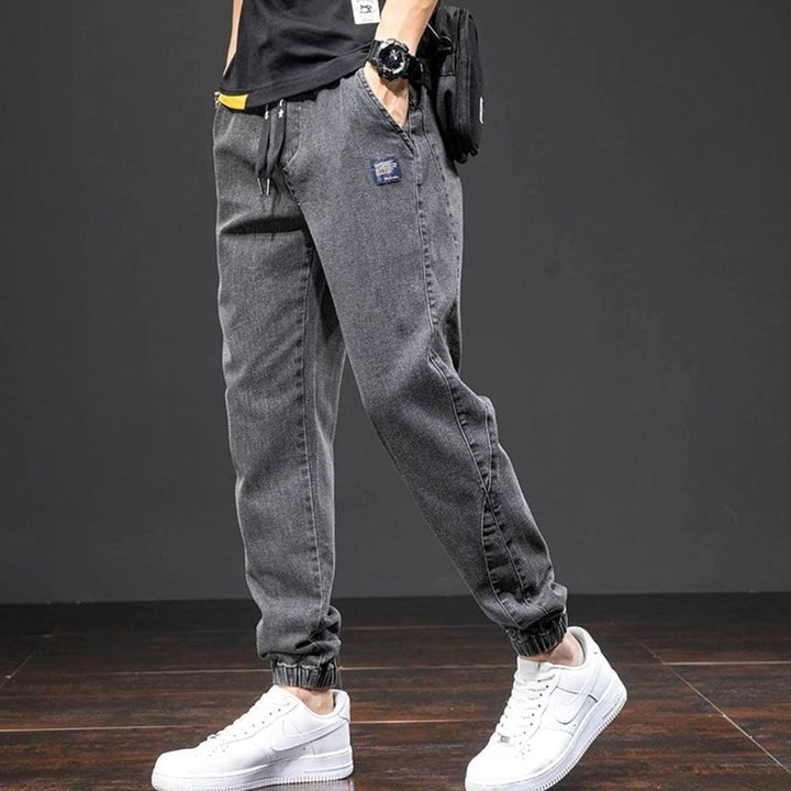 Men's Relaxed Tapered Stretch Denim Jogger Trousers Elasticated Waist, Light Blue - Black