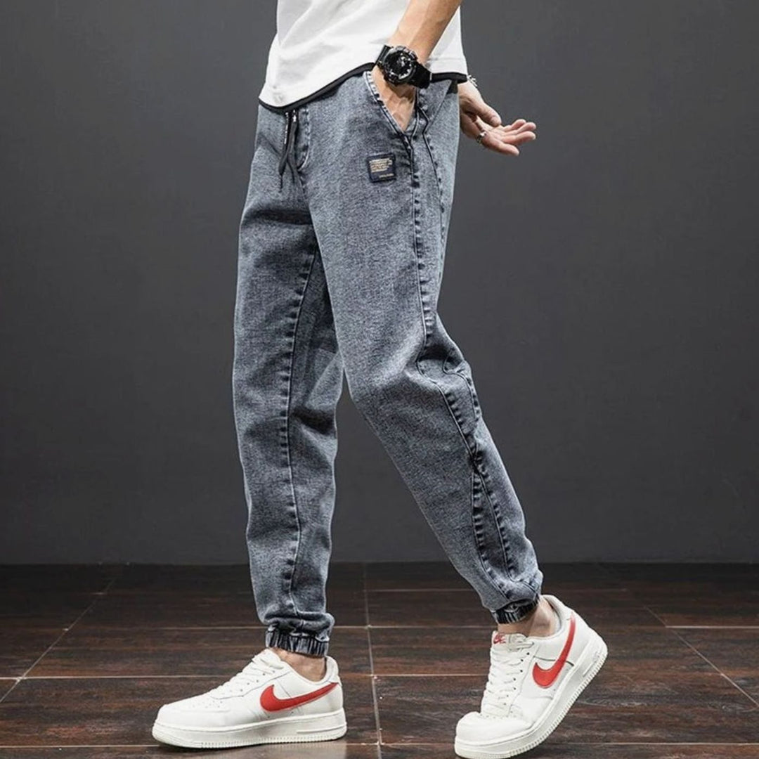 Men's Relaxed Tapered Stretch Denim Jogger Trousers Elasticated Waist, Light Blue