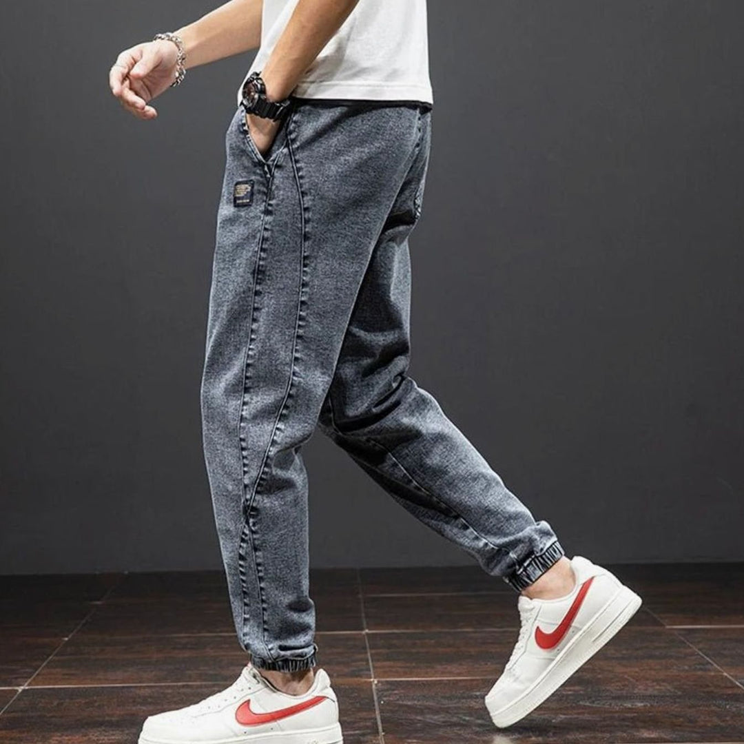 Men's Relaxed Tapered Stretch Denim Jogger Trousers Elasticated Waist, Light Blue