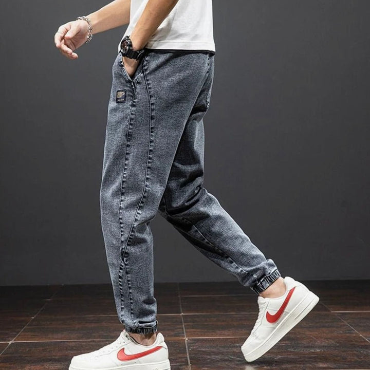 Men's Relaxed Tapered Stretch Denim Jogger Trousers Elasticated Waist, Light Blue